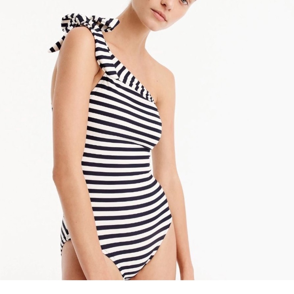 J. Crew Navy and White Striped One Shoulder Swimsuit